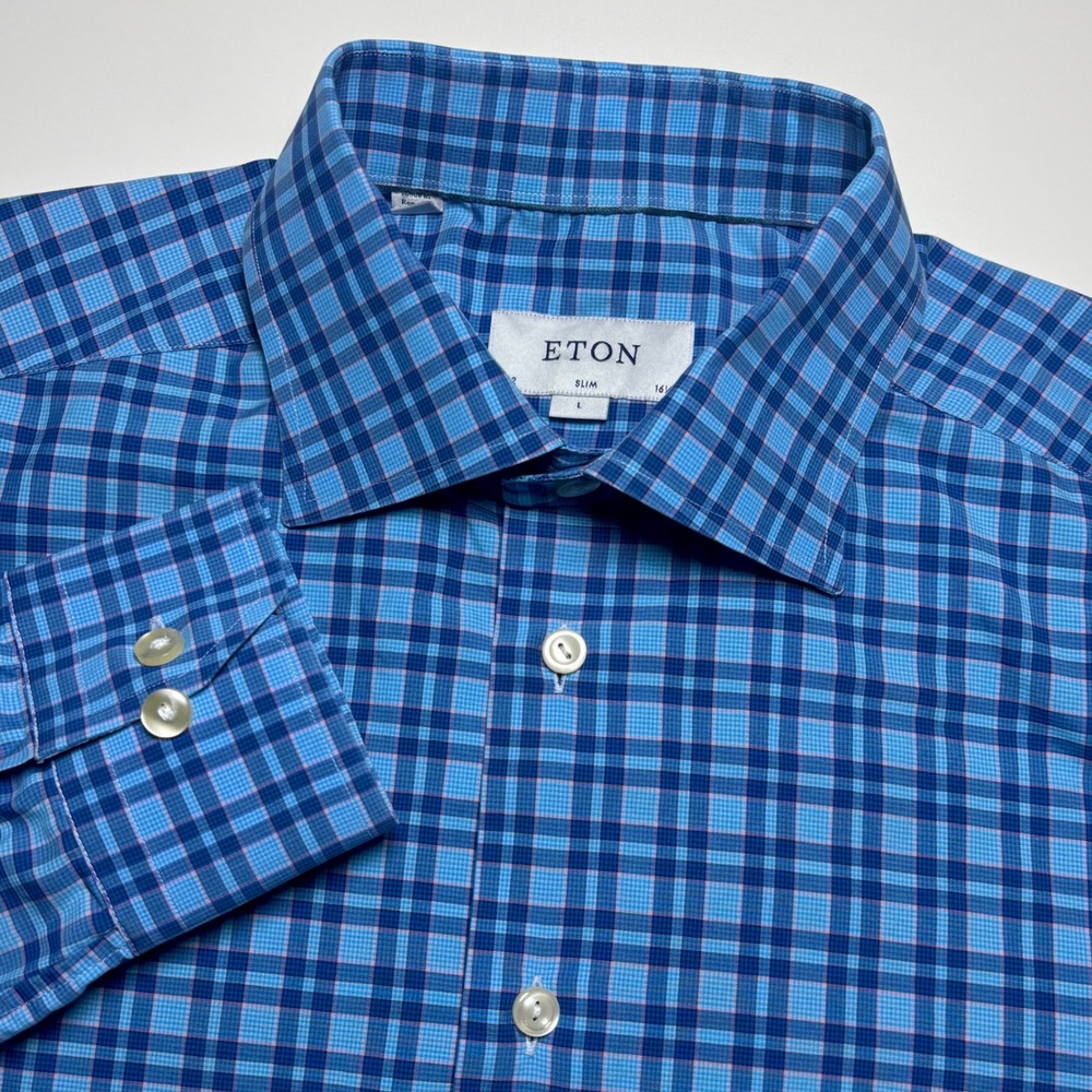 Eton Slim Fit Dress Shirt Men's Large 16 1/2-42 Blue Check Long Sleeve Formal‎